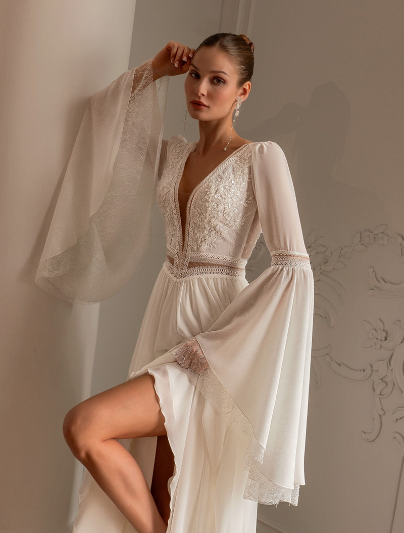 Exquisite Bohemian Lace Chiffon Wedding Dress with Bell Sleeves | Ethe HAREM's Brides Exquisite Bohemian Lace Chiffon Wedding Dress with Bell Sleeves | Ethe HAREM's Brides
