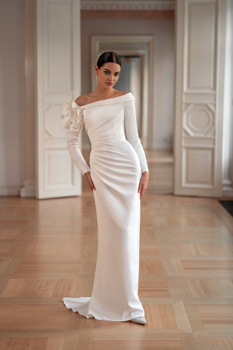 Off-the-Shoulder Minimalist Mermaid Wedding Dress with Shoulder Rose