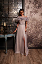 Off-Shoulder Long Evening Dress with Unique Top Design