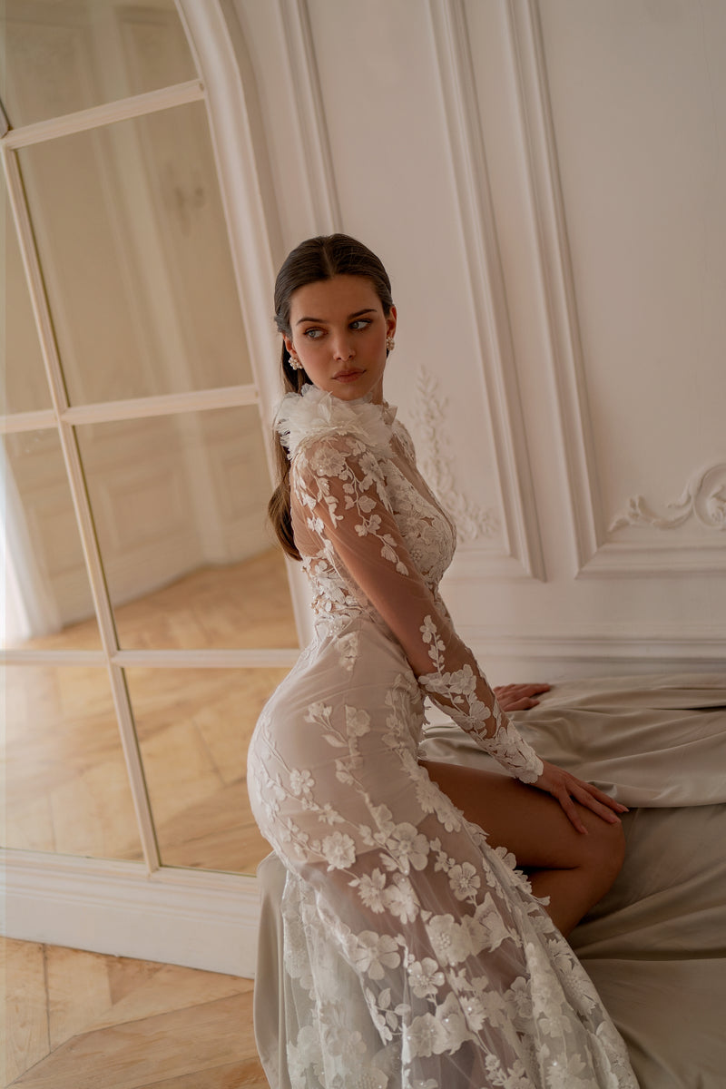 High Neck Sheer Lace Wedding Dress with Side Slit | Modern Floral Silh HAREM's Brides High Neck Sheer Lace Wedding Dress with Side Slit | Modern Floral Silh HAREM's Brides