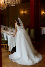 Chic A-Line Strapped Glitter Wedding Gown with Long Train