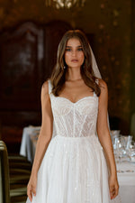 Chic A-Line Strapped Glitter Wedding Gown with Long Train