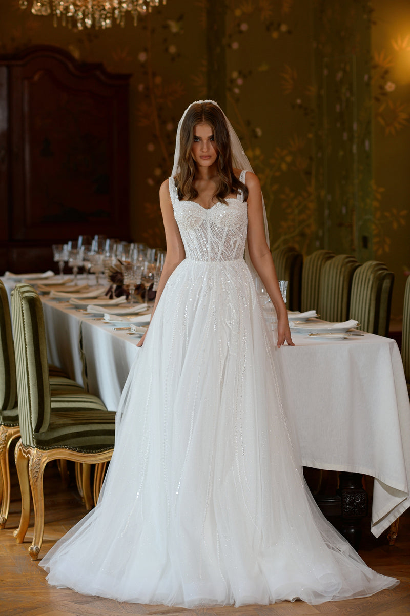 Chic A-Line Strapped Glitter Wedding Gown with Long Train