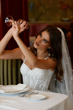 Chic A-Line Strapped Glitter Wedding Gown with Long Train