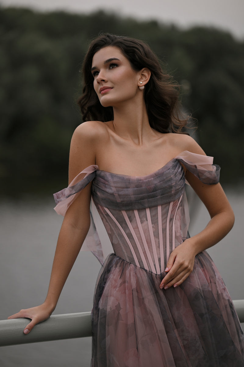 Off-Shoulder Printed Euro Tulle Corset Midi Dress | Dreamy Petals HAREM's Brides Off-Shoulder Printed Euro Tulle Corset Midi Dress | Dreamy Petals HAREM's Brides