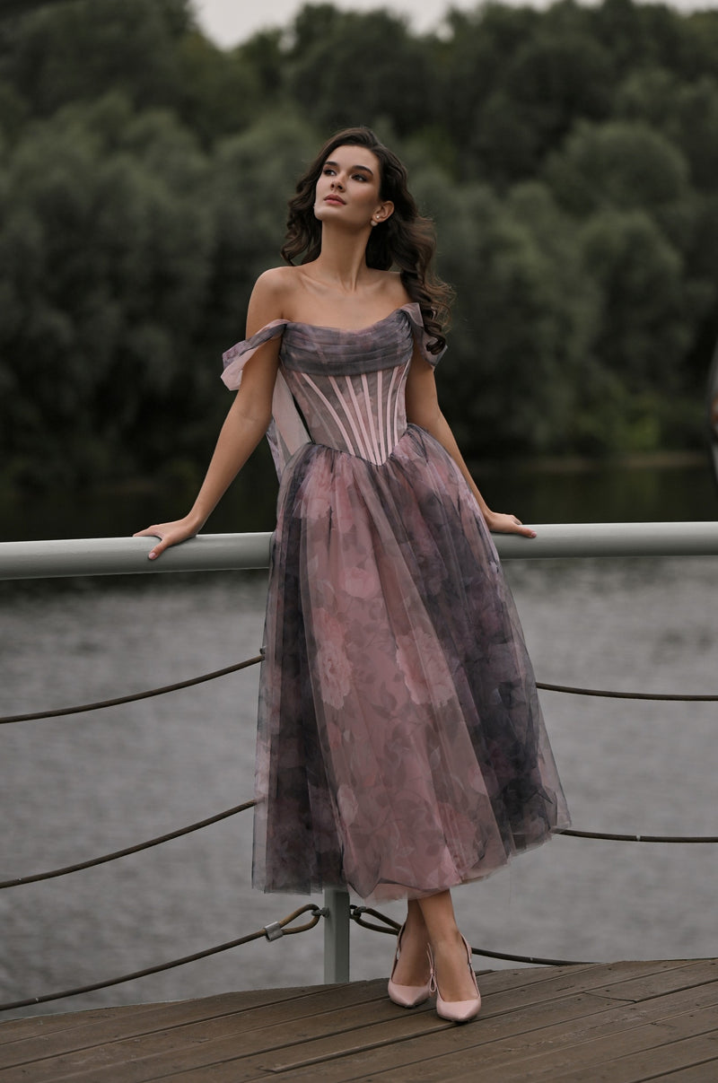 Off-Shoulder Printed Euro Tulle Corset Midi Dress | Dreamy Petals Off-Shoulder Printed Euro Tulle Corset Midi Dress | Dreamy Petals