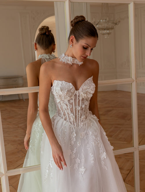 Strapless Lace Corset Wedding Dress with Detachable Sleeves & Choker | Garden Reverie Bridal