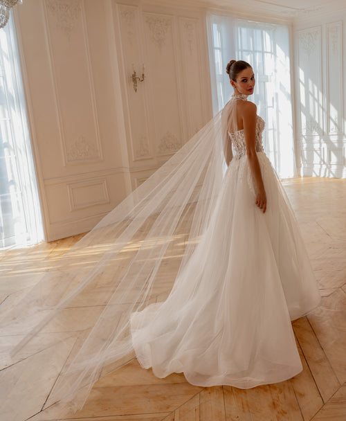 Strapless Corset Wedding Gown with 3D Floral Appliqués &amp; Detachable Cape