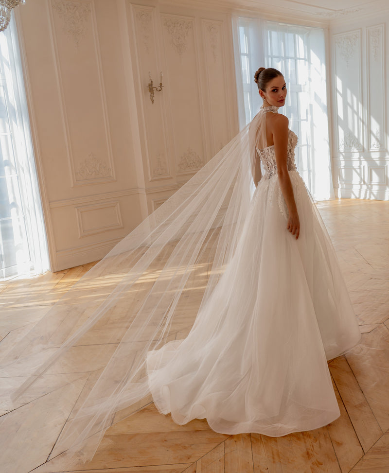 Strapless Corset Wedding Gown with 3D Floral Appliqués & Detachable Cape Made to Measure