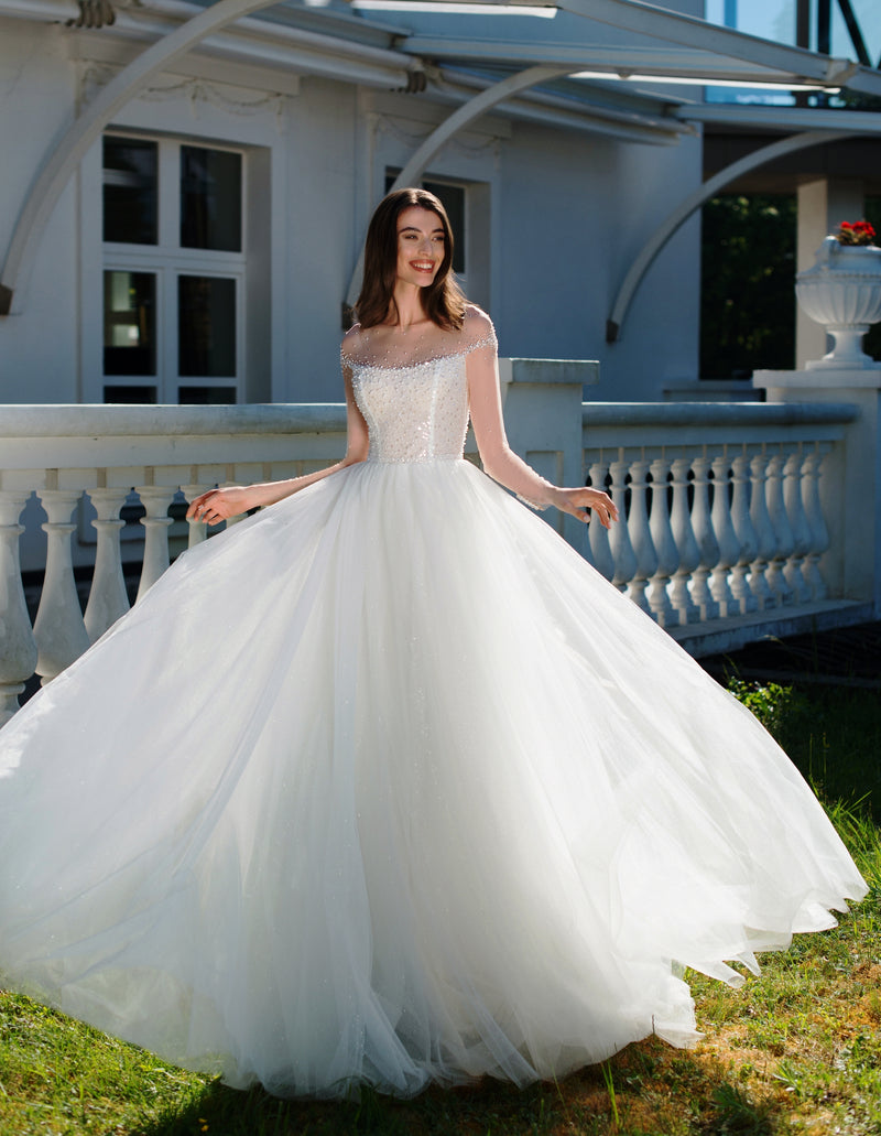 Off-Shoulder Sheer Neckline Romantic Princess Wedding Dress HAREM's Brides Off-Shoulder Sheer Neckline Romantic Princess Wedding Dress HAREM's Brides