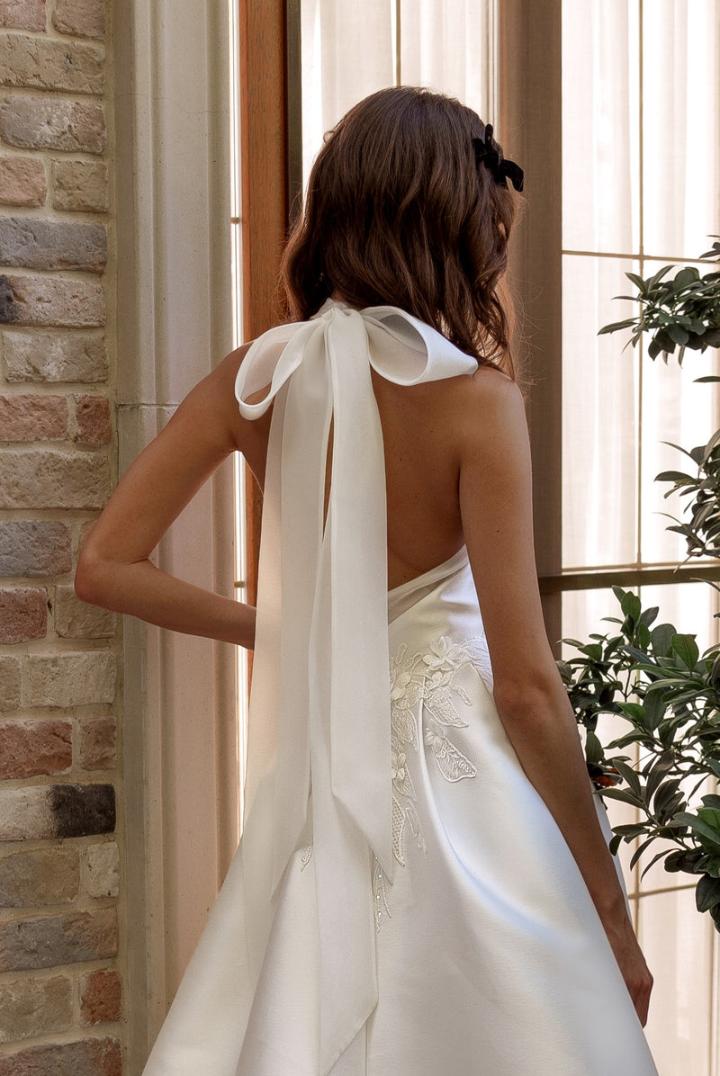 A-Line High Collar Wedding Dress with Slit and Back Neck Bow HAREM's Brides A-Line High Collar Wedding Dress with Slit and Back Neck Bow HAREM's Brides