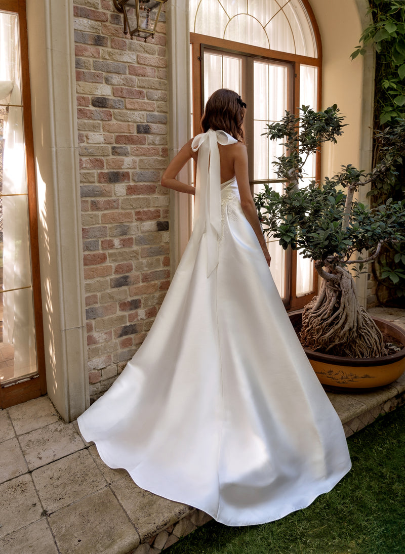 A-Line High Collar Wedding Dress with Slit and Back Neck Bow HAREM's Brides A-Line High Collar Wedding Dress with Slit and Back Neck Bow HAREM's Brides