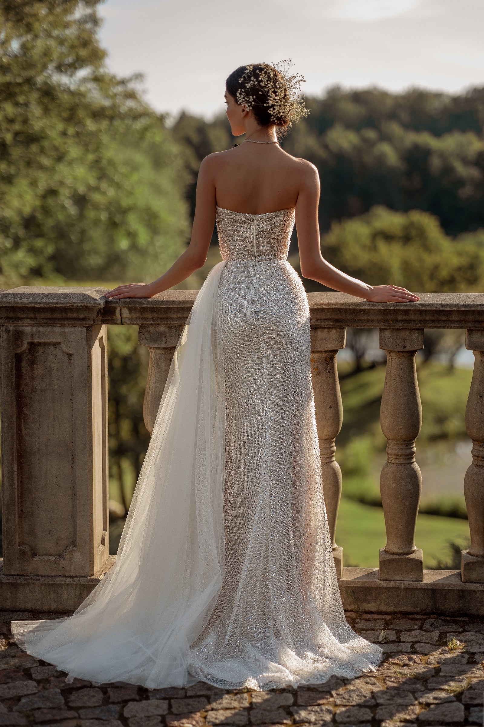 Sparkle Strapless Wedding Dress with Daring Slit and Ribbons – HAREM's Brides Sparkle Strapless Wedding Dress with Daring Slit and Ribbons – HAREM's Brides