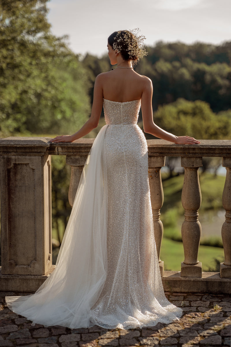 Sparkle Strapless Wedding Dress with Daring Slit and Ribbons – HAREM's Brides Sparkle Strapless Wedding Dress with Daring Slit and Ribbons – HAREM's Brides