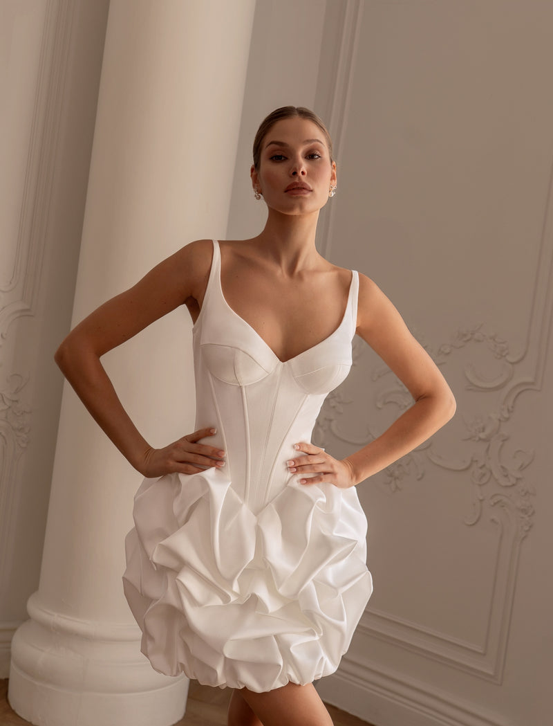 Short Corset Mini Wedding Dress with Draped Bubble Skirt
