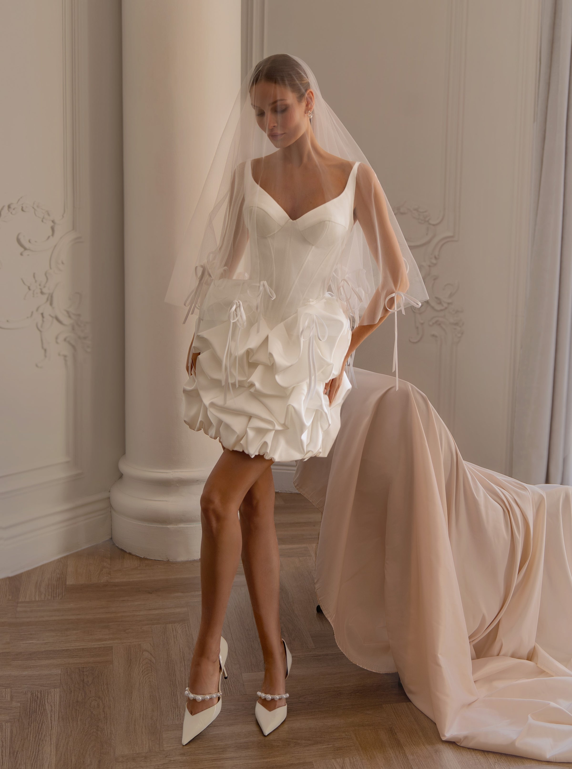 Short Corset Mini Wedding Dress with Draped Bubble Skirt Short Corset Mini Wedding Dress with Draped Bubble Skirt