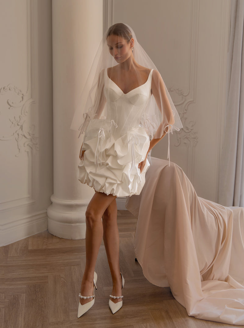 Short Corset Mini Wedding Dress with Draped Bubble Skirt | Soft Satin Silhouette EU40 Short Corset Mini Wedding Dress with Draped Bubble Skirt | Soft Satin Silhouette EU40