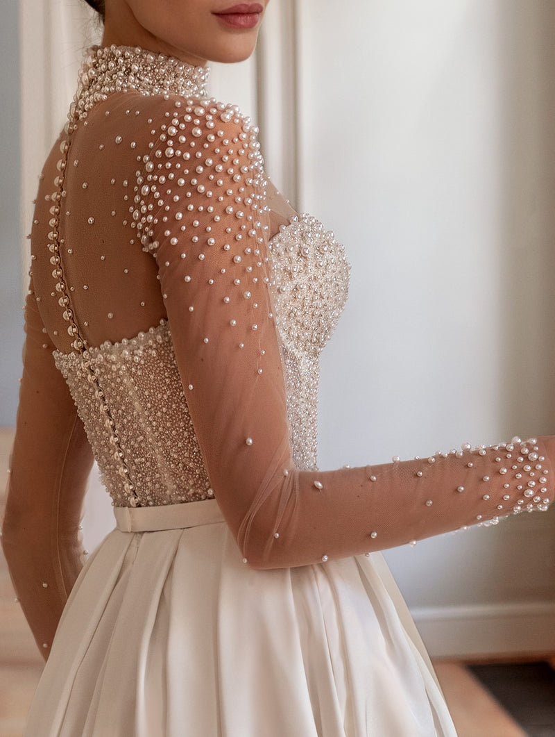 A-Line Sheer Long Sleeves Illusion Pearl Bodice Wedding Dress HAREM's Brides A-Line Sheer Long Sleeves Illusion Pearl Bodice Wedding Dress HAREM's Brides