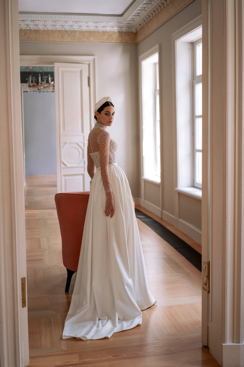 A-Line Sheer Long Sleeves Illusion Pearl Bodice Wedding Dress HAREM's Brides A-Line Sheer Long Sleeves Illusion Pearl Bodice Wedding Dress HAREM's Brides