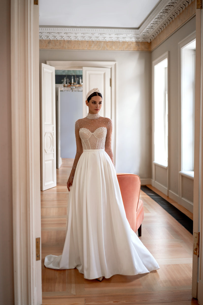 A-Line Sheer Long Sleeves Illusion Pearl Bodice Wedding Dress HAREM's Brides A-Line Sheer Long Sleeves Illusion Pearl Bodice Wedding Dress HAREM's Brides