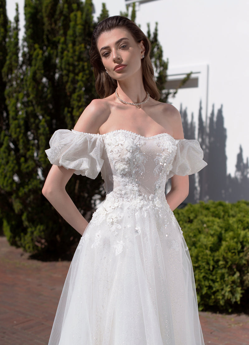 Off-Shoulder A-Line Wedding Dress with Embellishment HAREM's Brides Off-Shoulder A-Line Wedding Dress with Embellishment HAREM's Brides