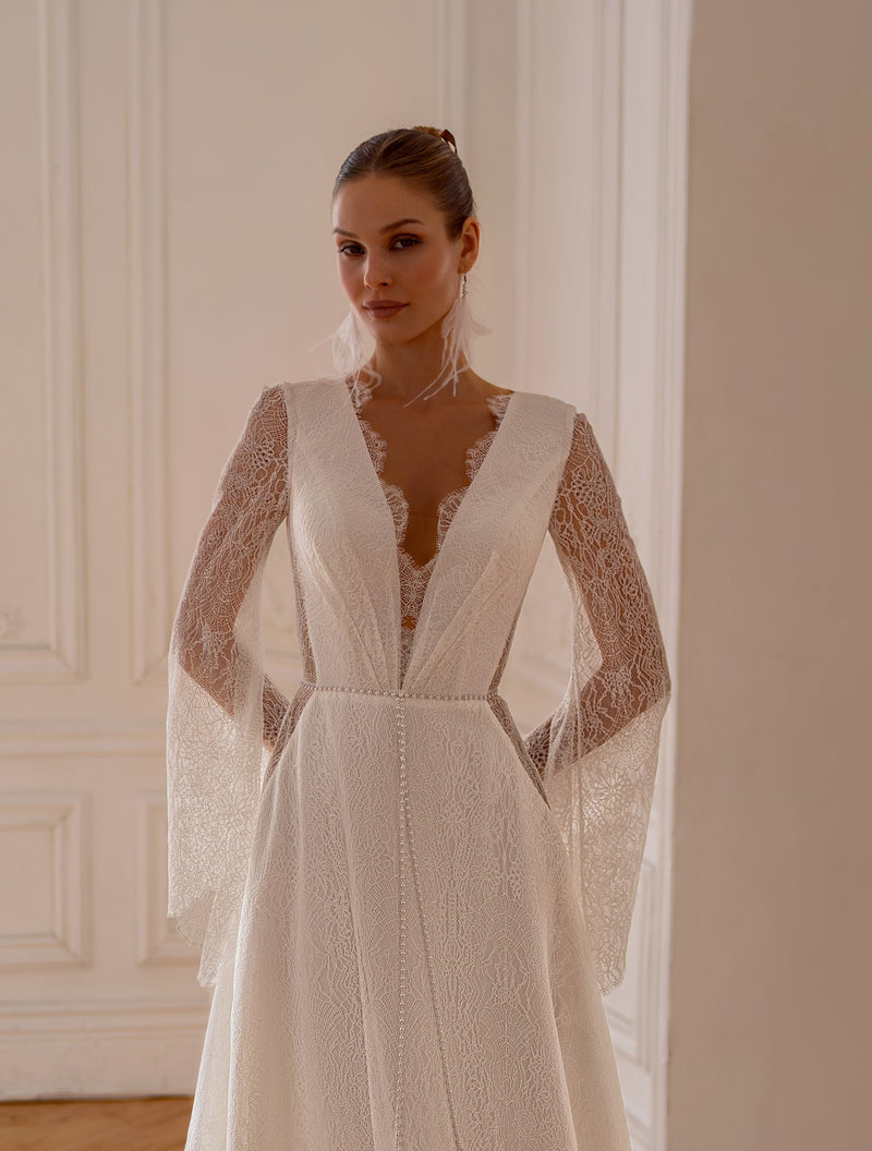 lace bell sleeve wedding dress A-Line Court Train Off The Shoulder Chiffon Lace Bridal Wedding Dress Bell Sleeve COCOMELODY CW2223, 35 Days / Ivory / US6-UK8-EUR36