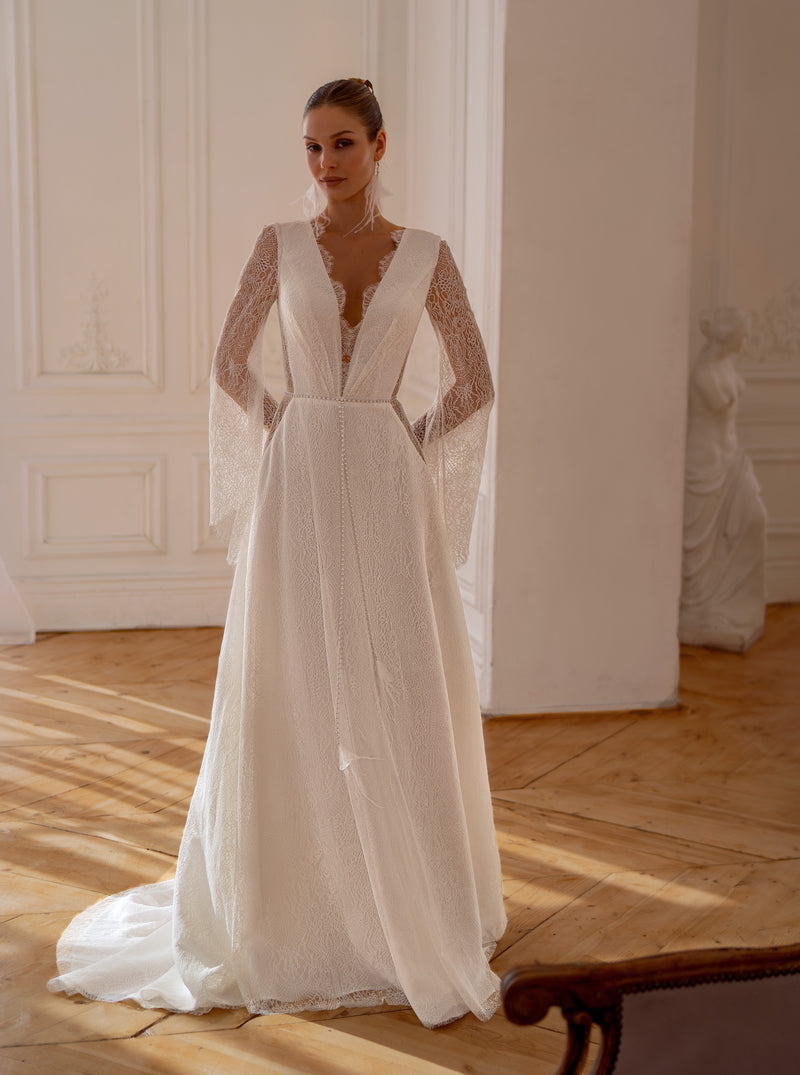 ball gown wedding dresses with long sleeves Off-Shoulder Long Sleeve Lace Wedding Dress with Veil Made to Measure main image 1
