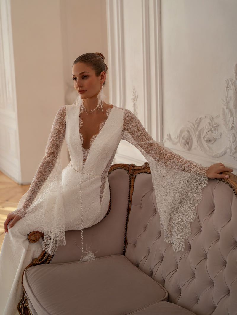 Long Sleeve Lace Wedding Dress with Deep V Neck and Bell Sleeves | A-Line Silhouette Made to Measure