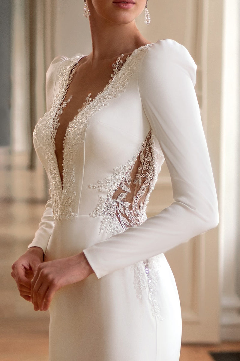 Long Sleeves V Neck Sheath Wedding Gown V-Neck Long Sleeve Sheath Wedding Dress With A Midi Train EU34 Long Sleeves V Neck Sheath Wedding Gown V-Neck Long Sleeve Sheath Wedding Dress With A Midi Train EU34
