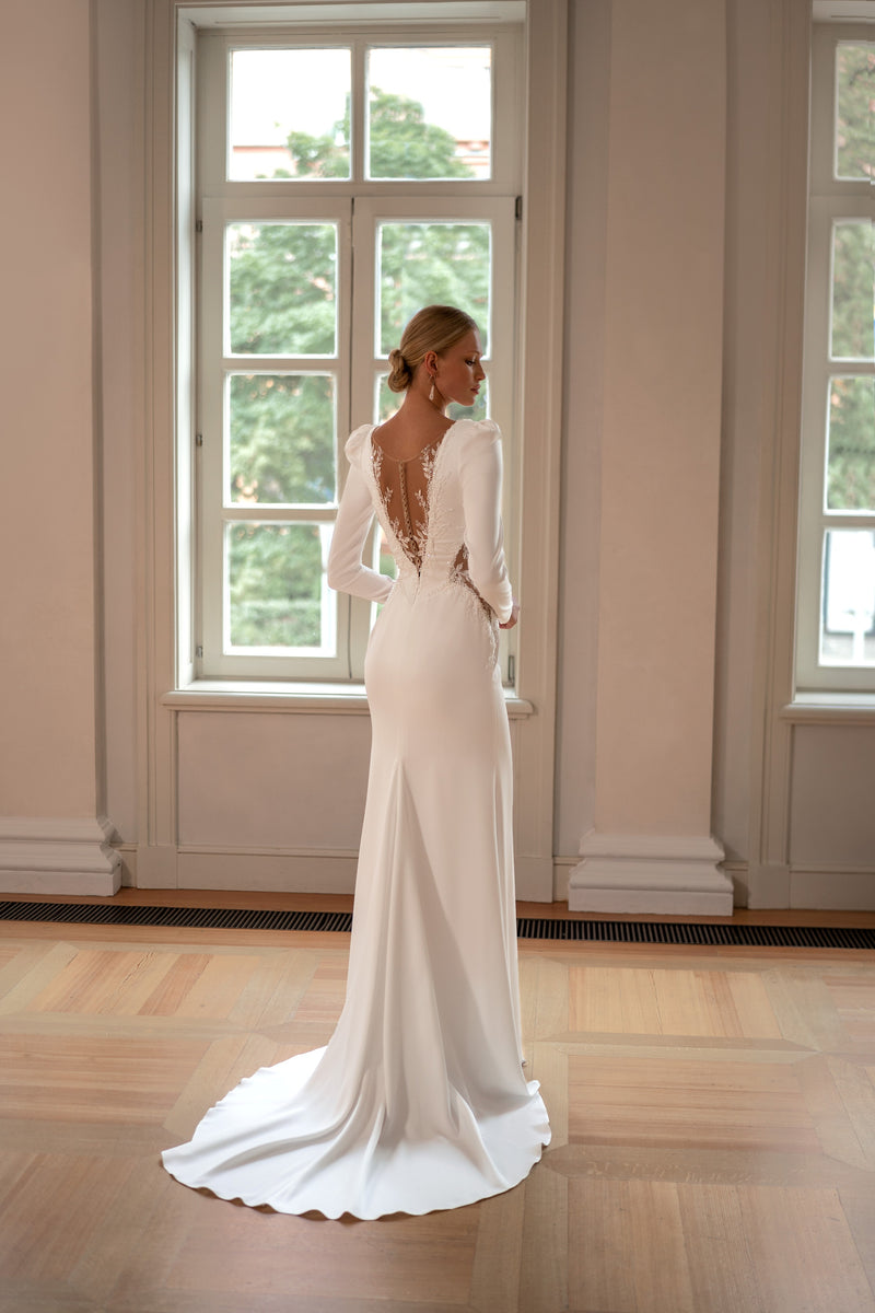 V-Neck Long Sleeve Sheath Wedding Dress with a Midi Train EU38