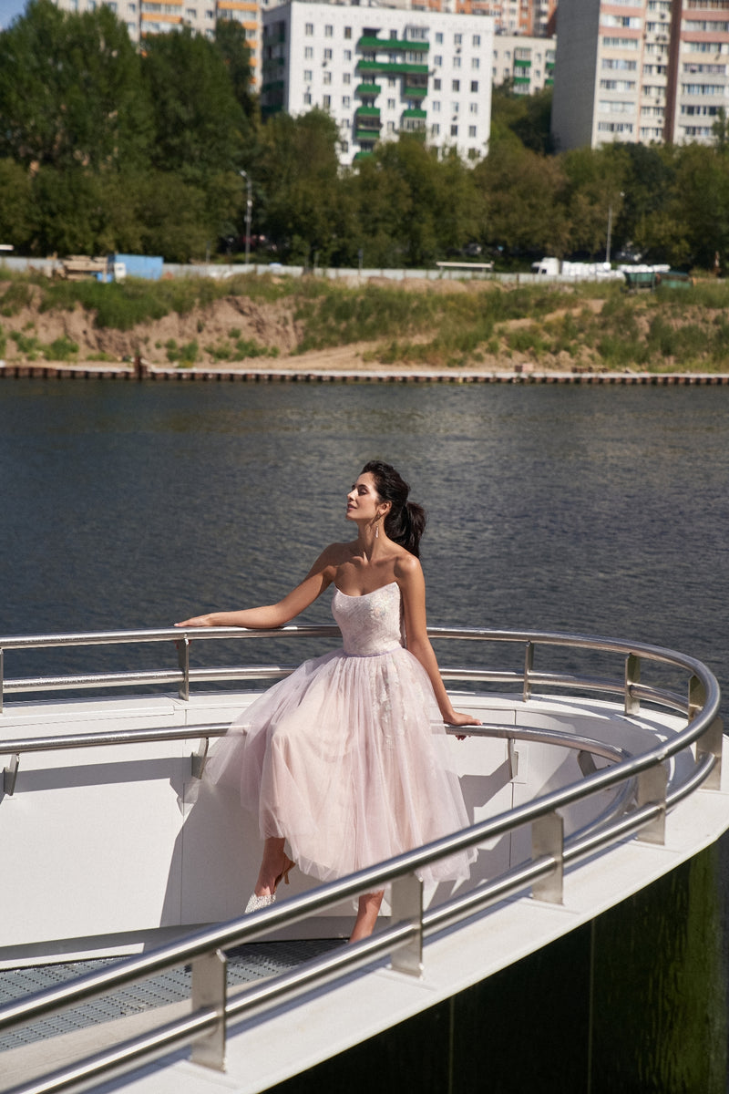 Strapless Floral Print Tulle Midi Dress