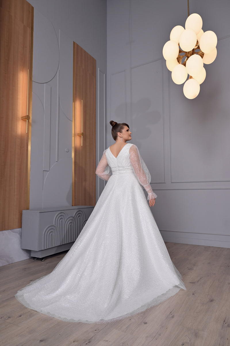 Exquisite Sheer Long Sleeve A-Line Plus-Size Sparkling Wedding Dress HAREM's Brides Exquisite Sheer Long Sleeve A-Line Plus-Size Sparkling Wedding Dress HAREM's Brides
