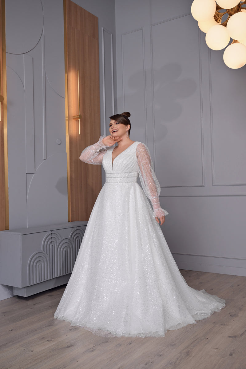 Exquisito vestido de novia brillante, transparente, de manga larga, corte A, talla grande