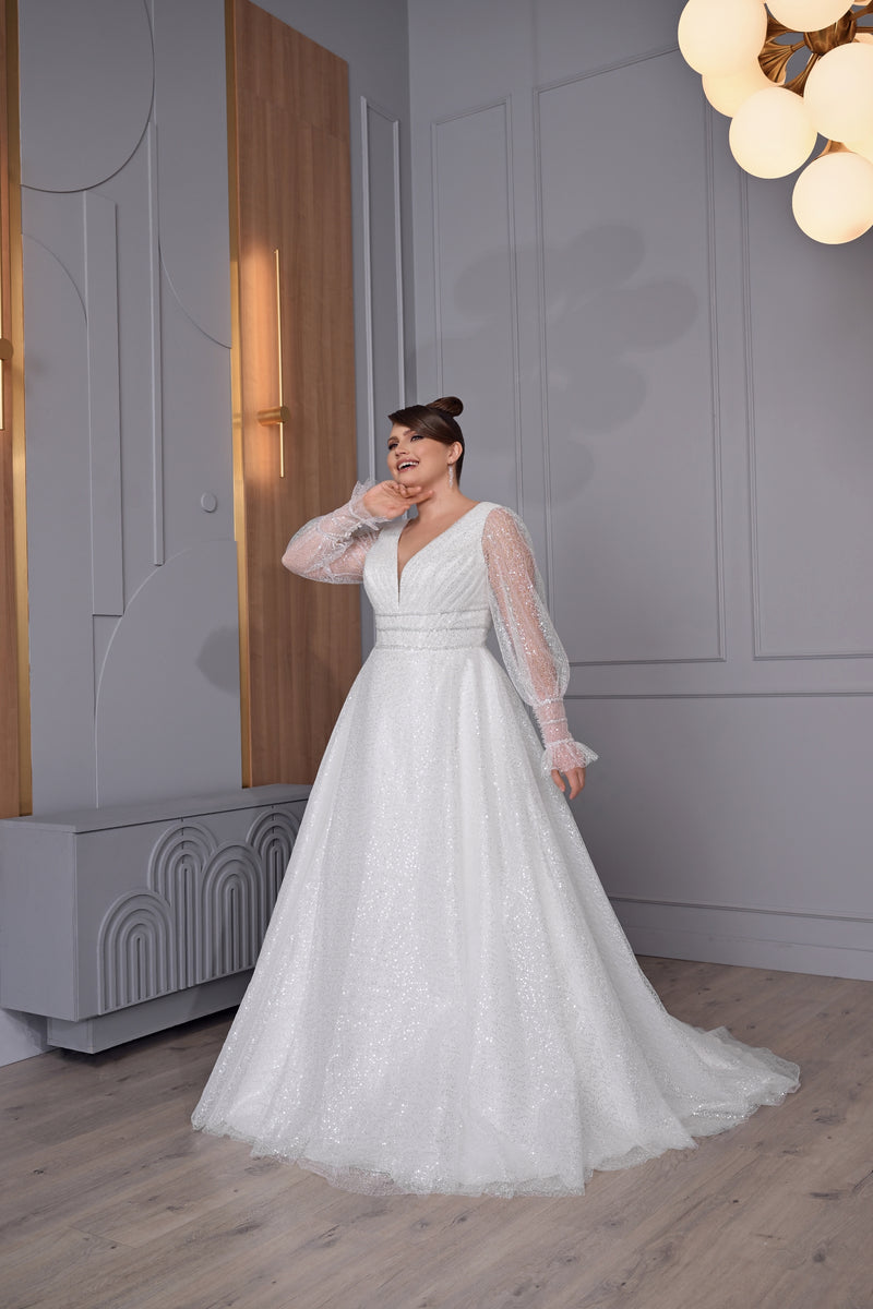 Exquisite Sheer Long Sleeve A-Line Plus-Size Sparkling Wedding Dress HAREM's Brides Exquisite Sheer Long Sleeve A-Line Plus-Size Sparkling Wedding Dress HAREM's Brides