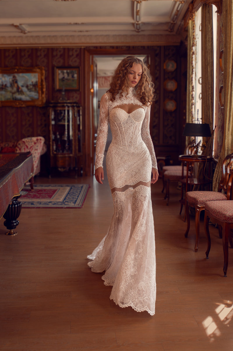 Two-Piece Lace Corset Wedding Dress with Detachable High-Neck Bolero | HAREM's Brides Two-Piece Lace Corset Wedding Dress with Detachable High-Neck Bolero | HAREM's Brides
