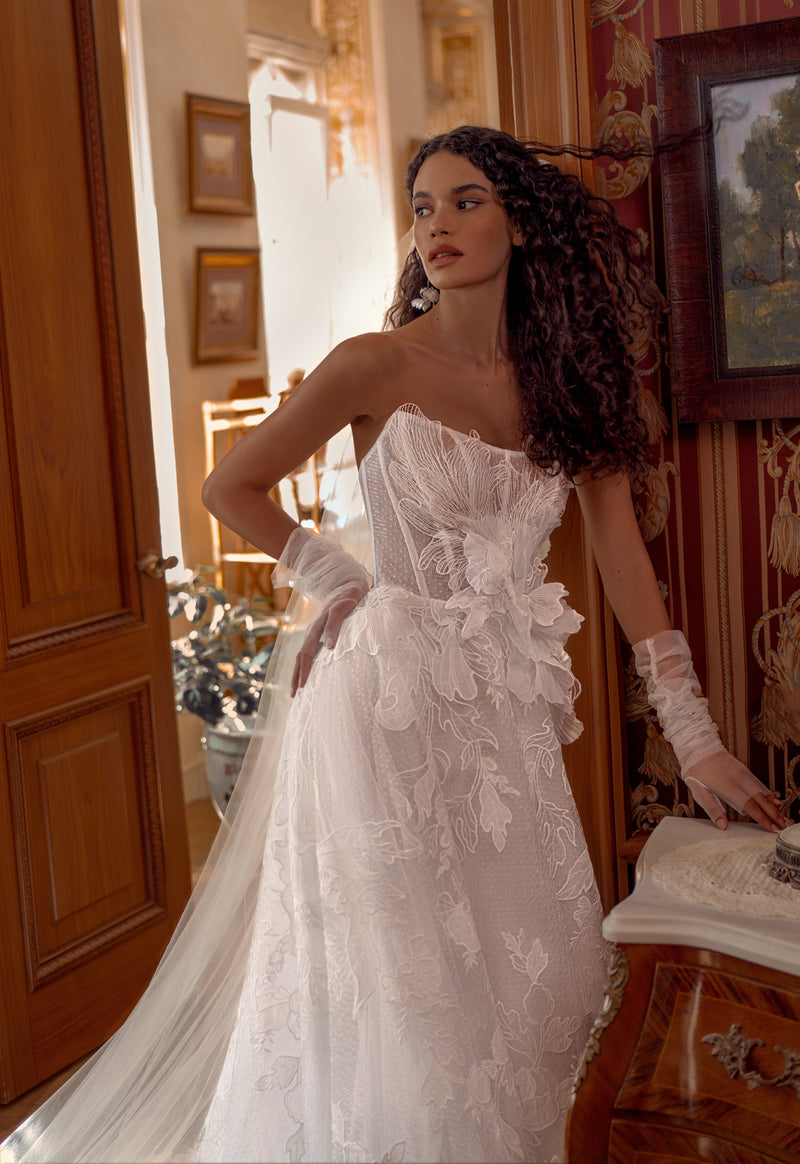 Strapless Floral Lace A-Line Wedding Dress with 3D Appliqus | Garden Symphony Strapless Floral Lace A-Line Wedding Dress with 3D Appliqus | Garden Symphony