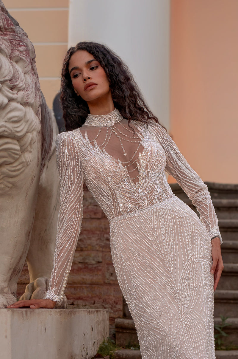 free people beaded maxi dress Long-Sleeve Beaded Illusion Wedding Dress with High Neck