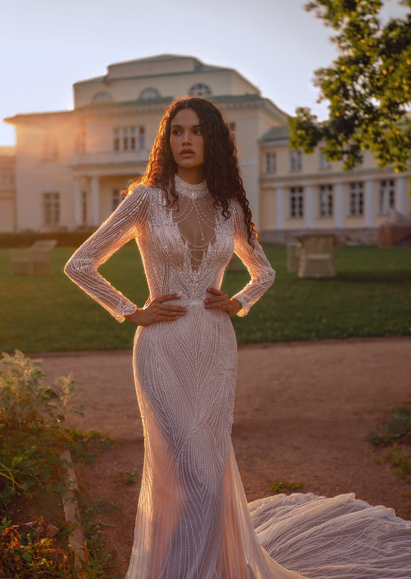 knee length dresses for ladies Long-Sleeve Beaded Illusion Wedding Dress with High Neck