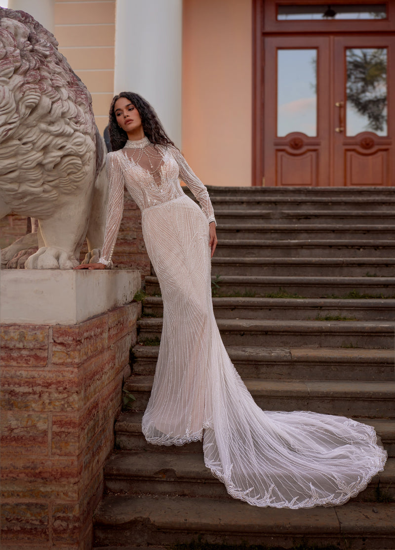 Long-Sleeve Beaded Illusion Wedding Dress with High Neck
