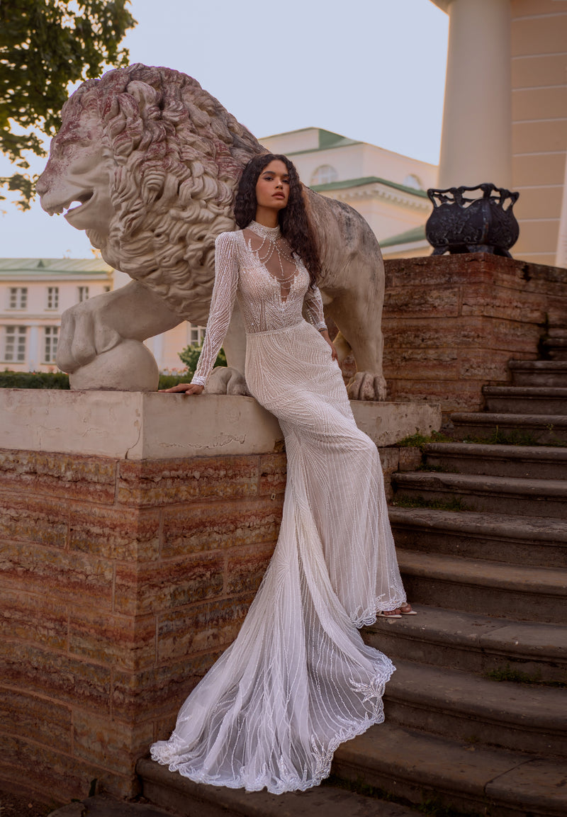 Long-Sleeve Beaded Illusion Wedding Dress with High Neck | Celestial Symphony Long-Sleeve Beaded Illusion Wedding Dress with High Neck | Celestial Symphony