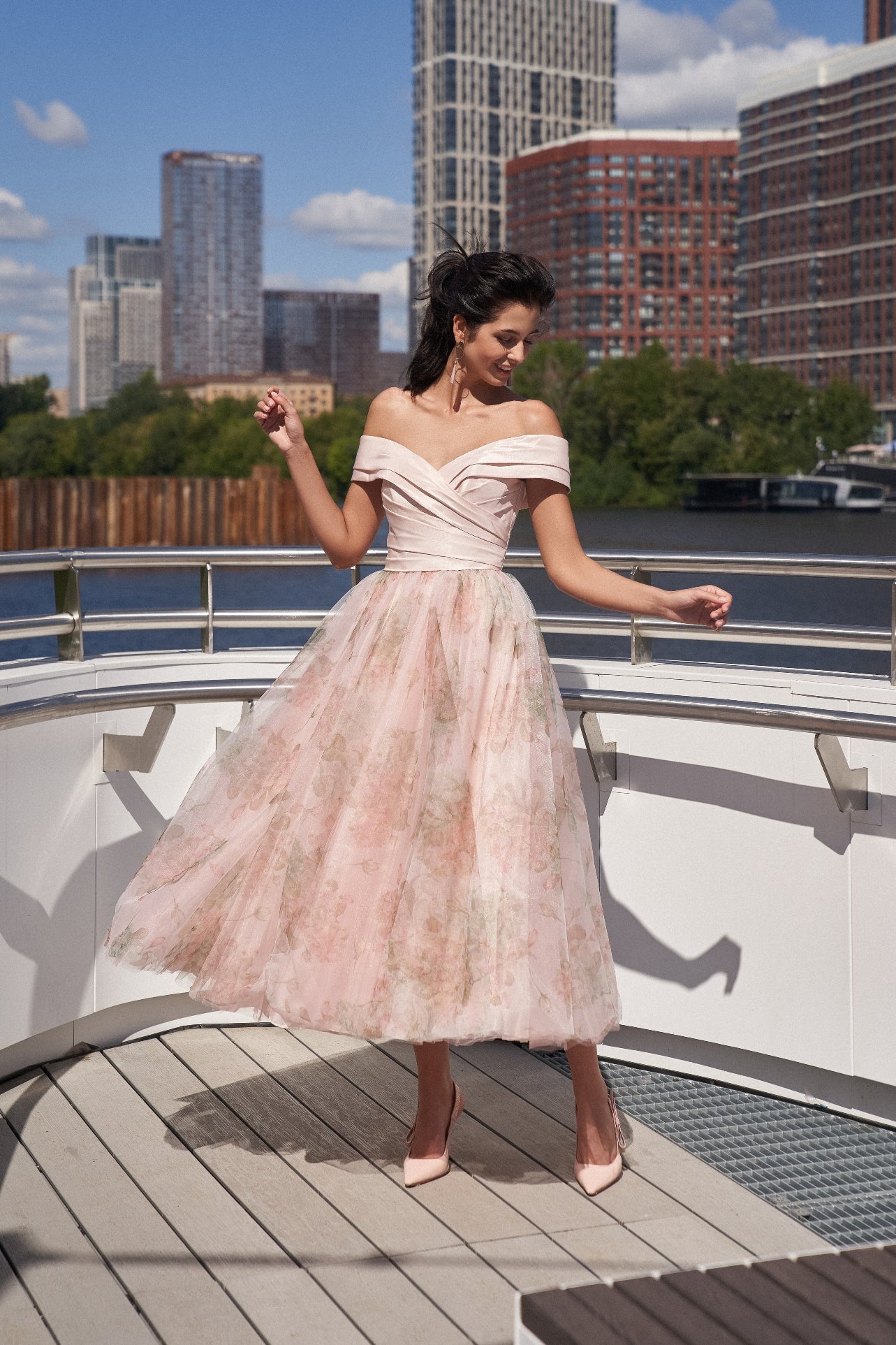 Off-The Shoulder Floral Print Tulle Midi Dress EU46