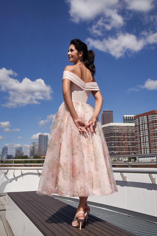 Robe midi en tulle à imprimé floral et épaules dénudées 