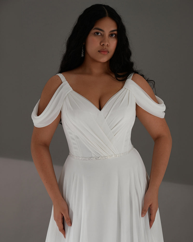 Off-the-Shoulder A-Line Minimalist Wedding Dress with Corset Back Off-the-Shoulder A-Line Minimalist Wedding Dress with Corset Back