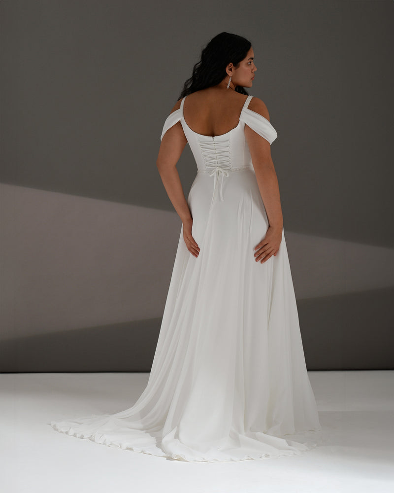 Off-the-Shoulder A-Line Minimalist Wedding Dress with Corset Back Off-the-Shoulder A-Line Minimalist Wedding Dress with Corset Back