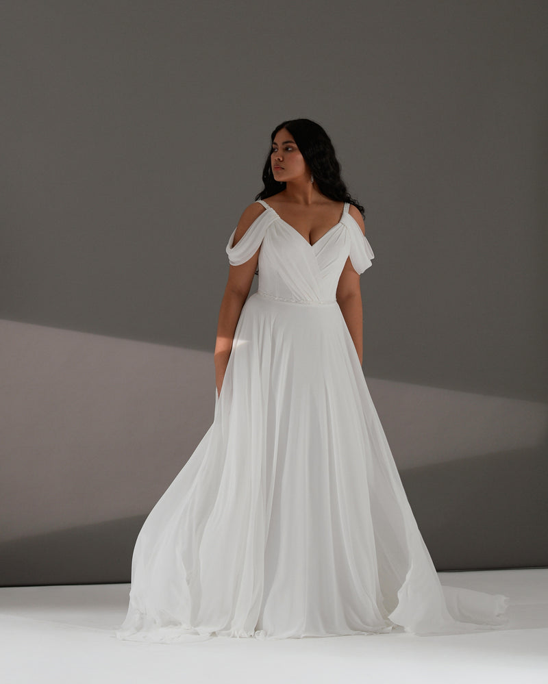 Off-the-Shoulder A-Line Minimalist Wedding Dress with Corset Back HAREM's Brides Off-the-Shoulder A-Line Minimalist Wedding Dress with Corset Back HAREM's Brides