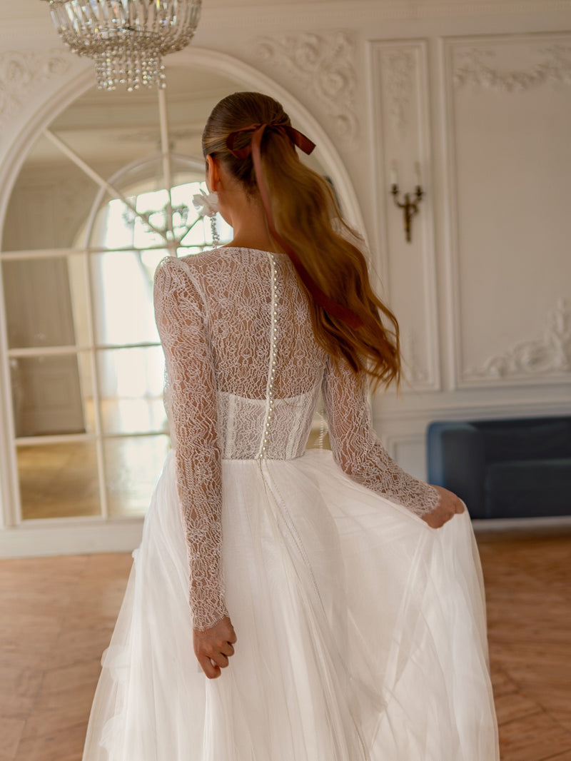 knee length dresses for ladies Long Sleeve Lace and Stretch Tulle Wedding Dress with Deep V Neck