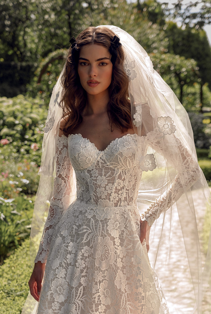 Off-Shoulder Long Sleeve Lace Wedding Dress with Veil HAREM's Brides Off-Shoulder Long Sleeve Lace Wedding Dress with Veil HAREM's Brides