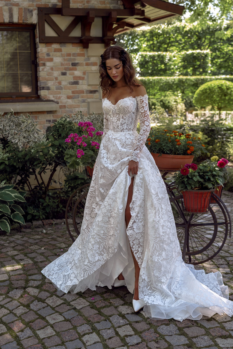 Off-Shoulder Long Sleeve Lace Wedding Dress with Veil HAREM's Brides Off-Shoulder Long Sleeve Lace Wedding Dress with Veil HAREM's Brides