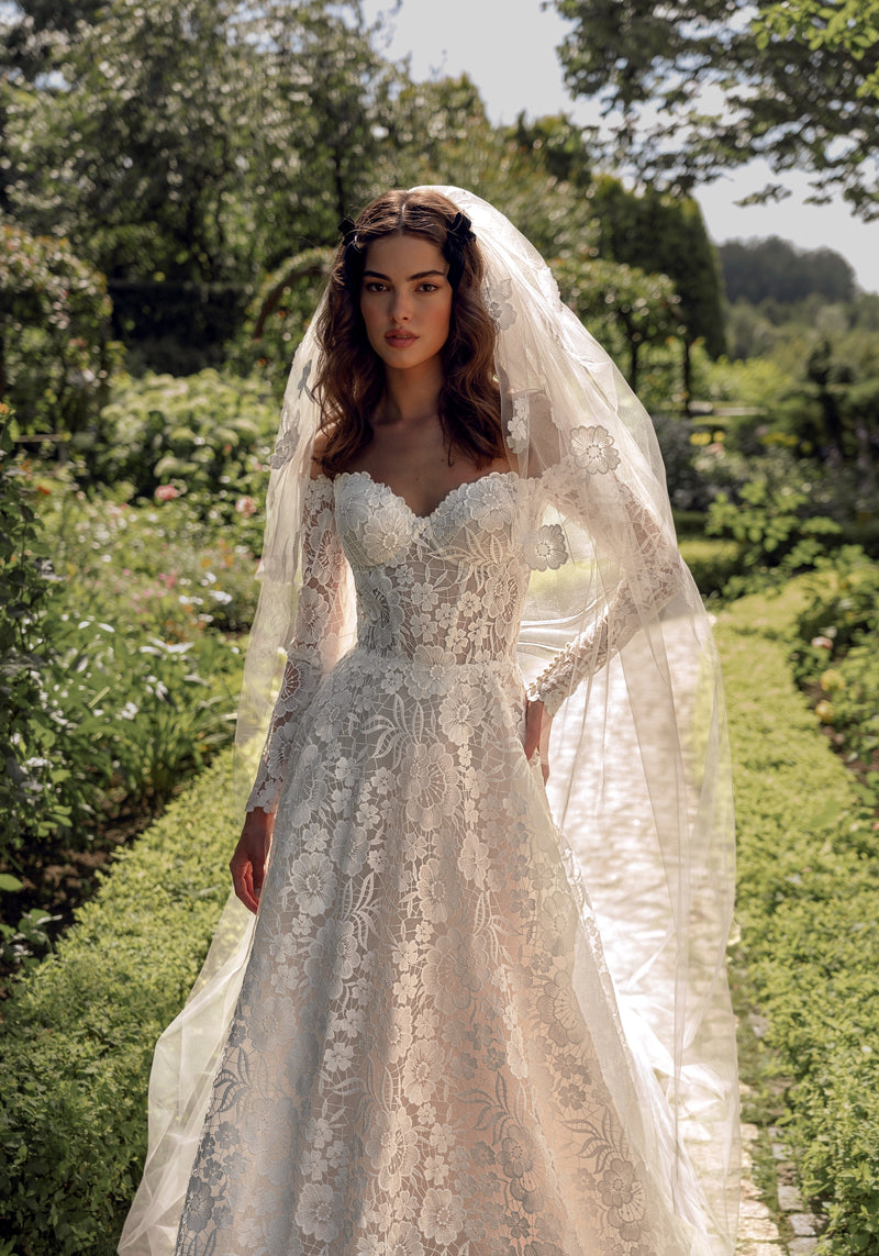 Off-Shoulder Long Sleeve Lace Wedding Dress with Veil HAREM's Brides Off-Shoulder Long Sleeve Lace Wedding Dress with Veil HAREM's Brides