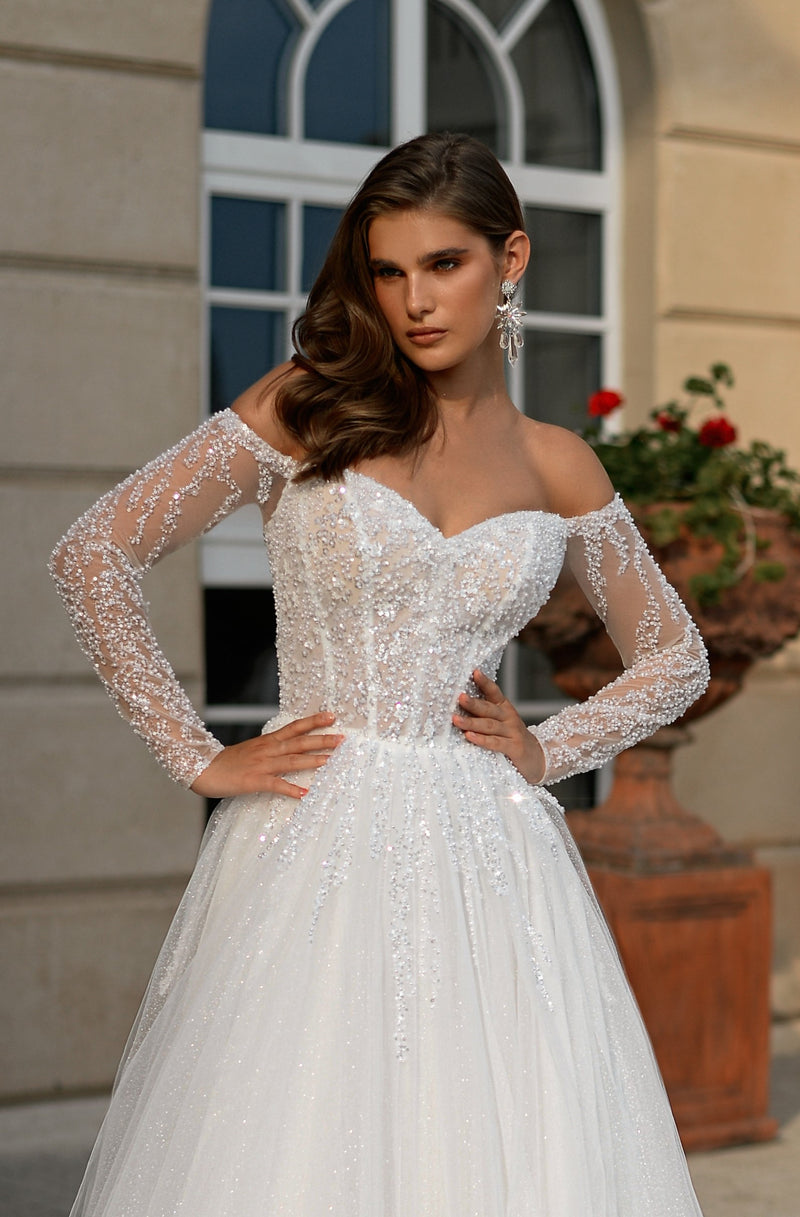 Amour Étoilé Gown: Off-Shoulder Sweetheart A-Line Glitter Wedding Dress Amour Étoilé Gown: Off-Shoulder Sweetheart A-Line Glitter Wedding Dress
